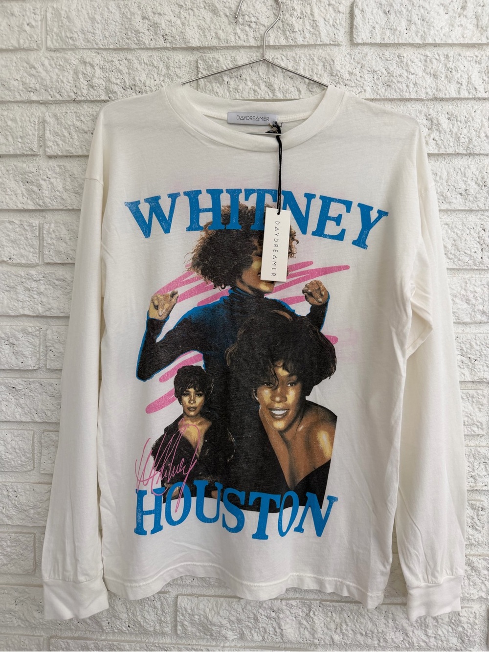 Daydreamer Whitney Houston White Long Sleeve Tee with Blue & Pink Graphic